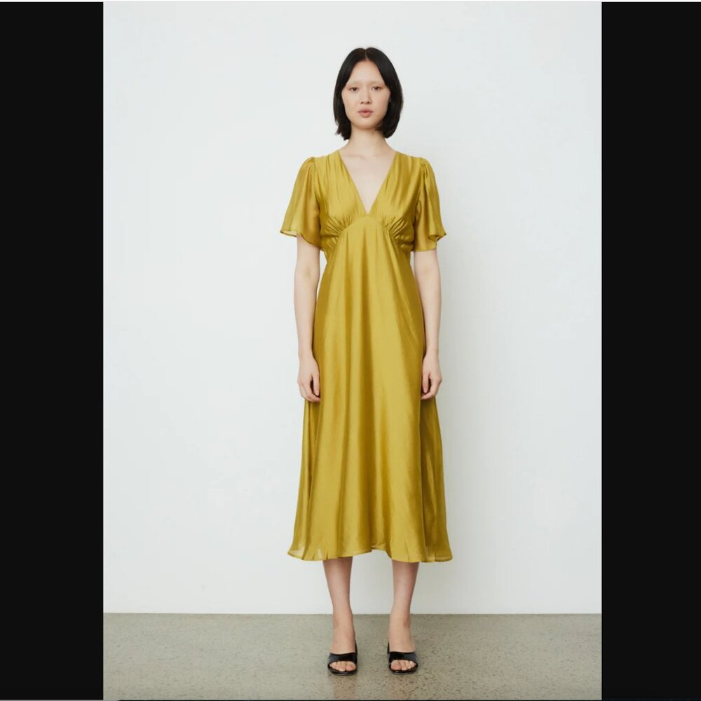 Lisa Says Gah Grace V-Neck Midi Dress in Chartreuse